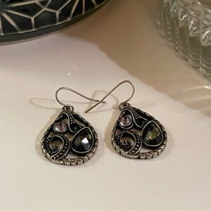 Earrings 💗 Green / Pink Multicolored Stones. Silver Grey. Teardrop Celtic Boho